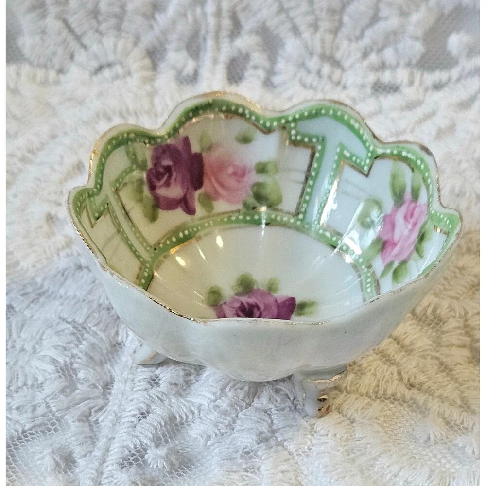 Antique Hand-Painted Floral Footed Bowl  Nippon-Style Mark Gold Trim 3